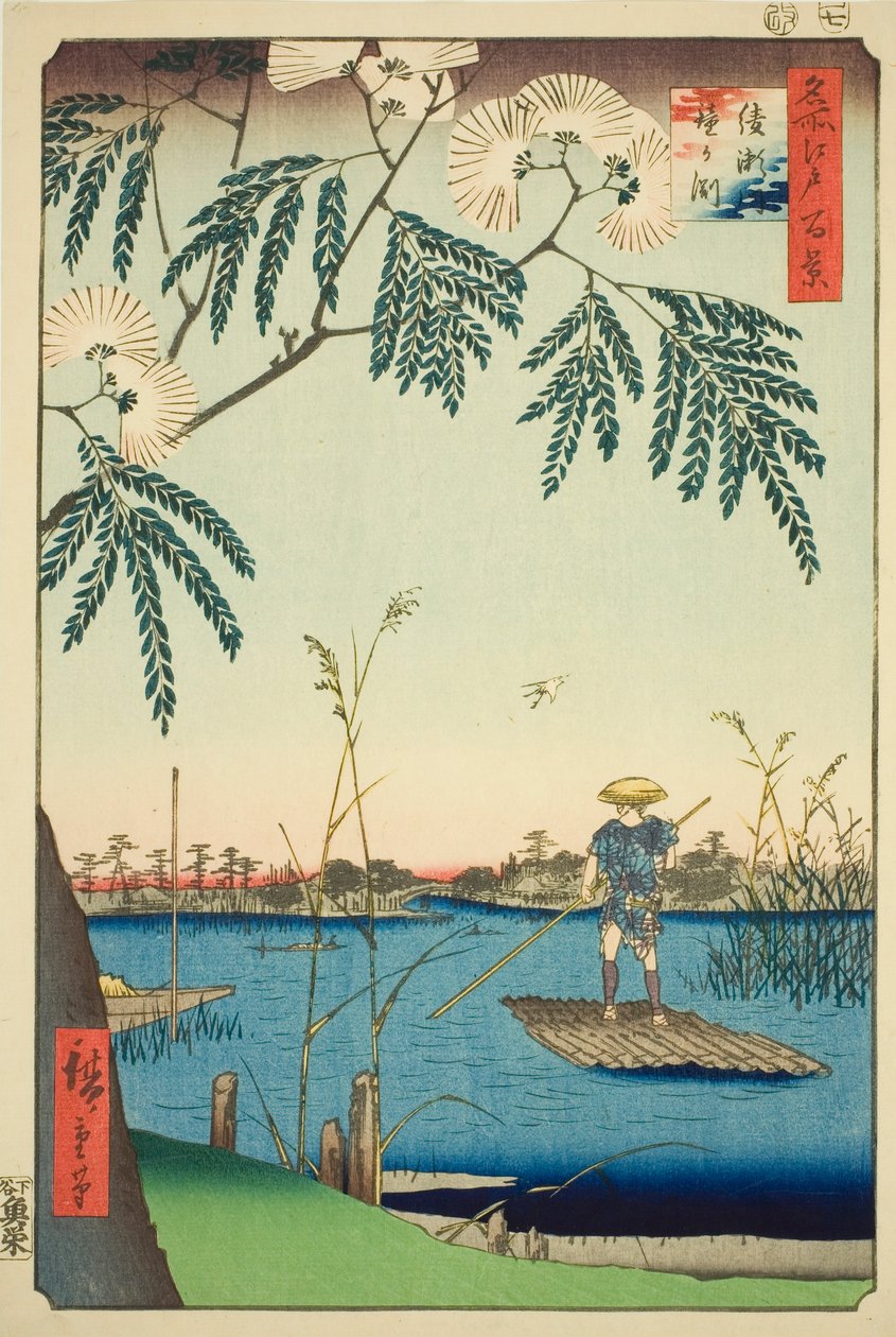 Reverend Ayase Plan d Kanegafuchi (Ayase River Kanegafuchi), ze série ``Hřeben pro hřebeny d Fanet s Pohledy na Edo (Sto slavných pohledů na Edo)