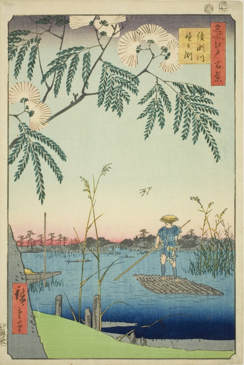 Reverend Ayase draftoval Kanegafuchi (Ayase River Kanegafuchi), ze série ``Hřeben pro hřebeny pohledy na Edo (Sto slavných pohledů na Edo)