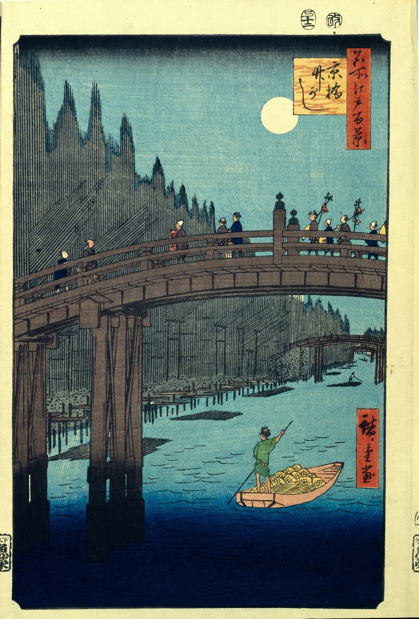 Bamboo Quay u mostu Kyobashi. Sto slavných pohledů na Edo, c. 1858 od Utagawa Hiroshige