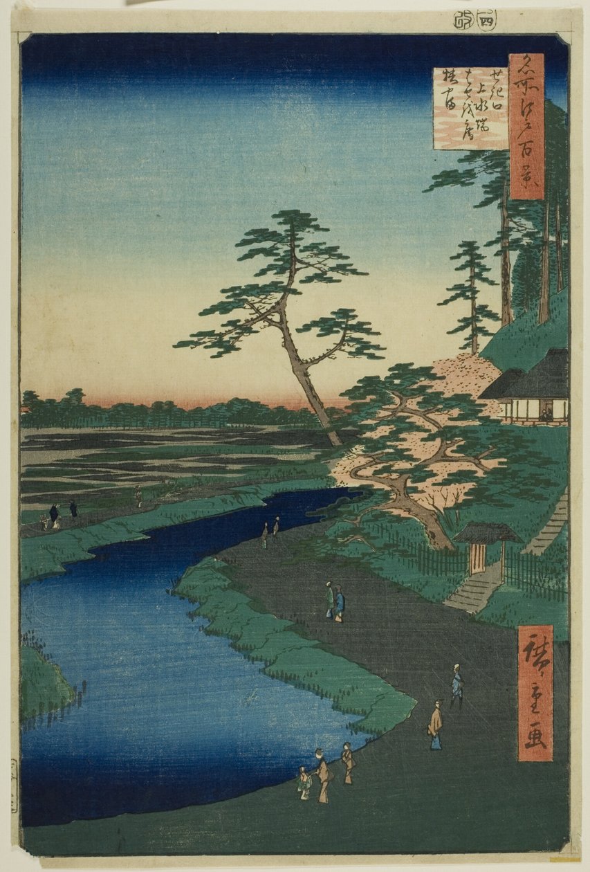 Bašóova chýše na Kaméliovém vrchu vedle akvaduktu v Sekiguči, ze série "Sto slavných pohledů na Edo (Meisho Edo hyakkei)". od Utagawa Hiroshige