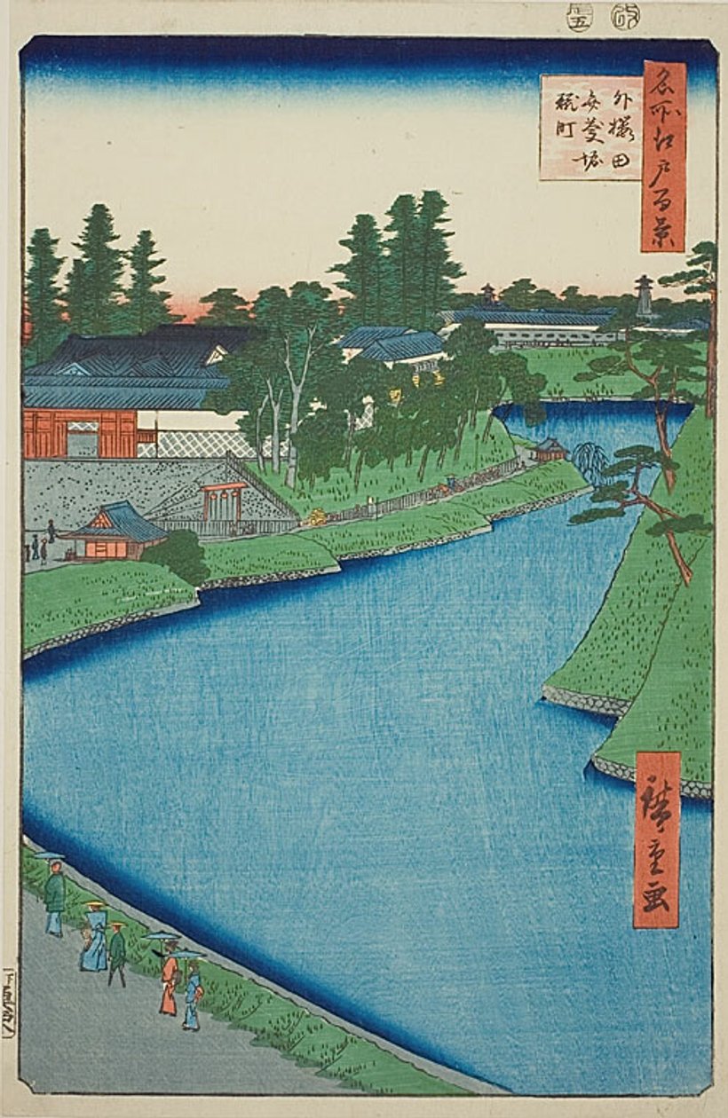 Příkop Benkei ze Soto-Sakurady do Kodžimači (Soto Sakurada Benkeibori Kodžimači), č. 54 ze série "Sto slavných pohledů na Edo (Meisho Edo hyakkei)". od Utagawa Hiroshige