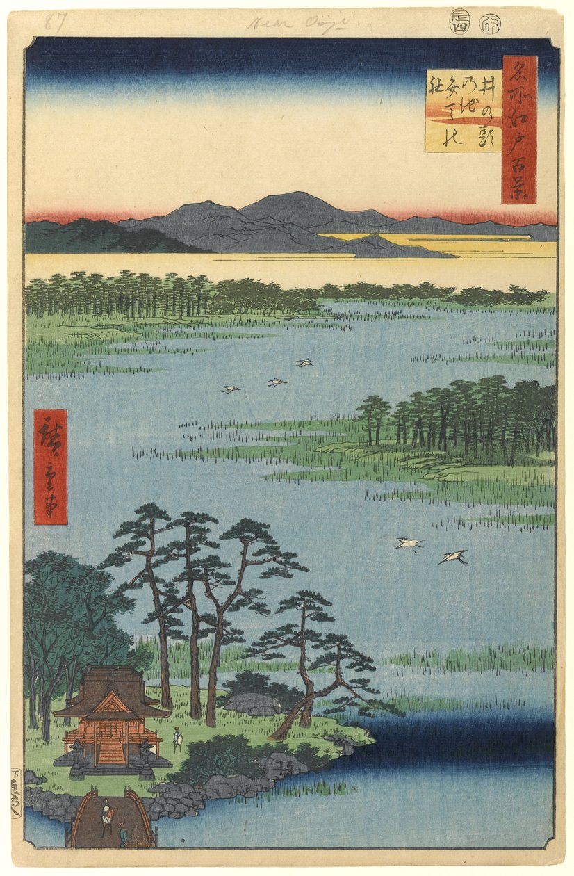 Svatyně Benten, rybník Inokashira, č. 87 ze Sto slavných pohledů na Edo, 1856 (dřevotisk) od Utagawa Hiroshige