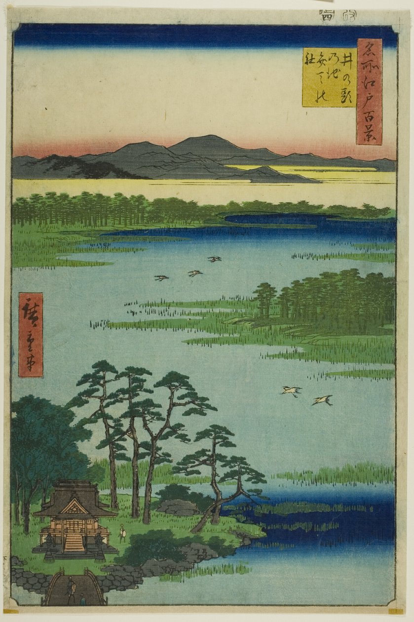 Svatyně Benten a rybník Inokašira (Inokašira no ike Benten no jaširó), ze série "Sto slavných pohledů na Edo (Meišó Edo hjakkei)". od Utagawa Hiroshige