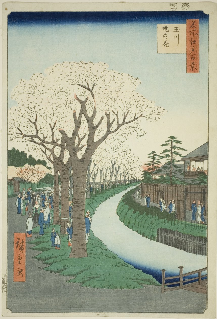 Bosso MS sound te tamari ver verze obrázku k povrch t (Tamagawa Tsutsumi no Hana), ze série "Ridge d re d fa net view ws f Edo (Sto slavných pohledů na Edo)" od Utagawa Hiroshige