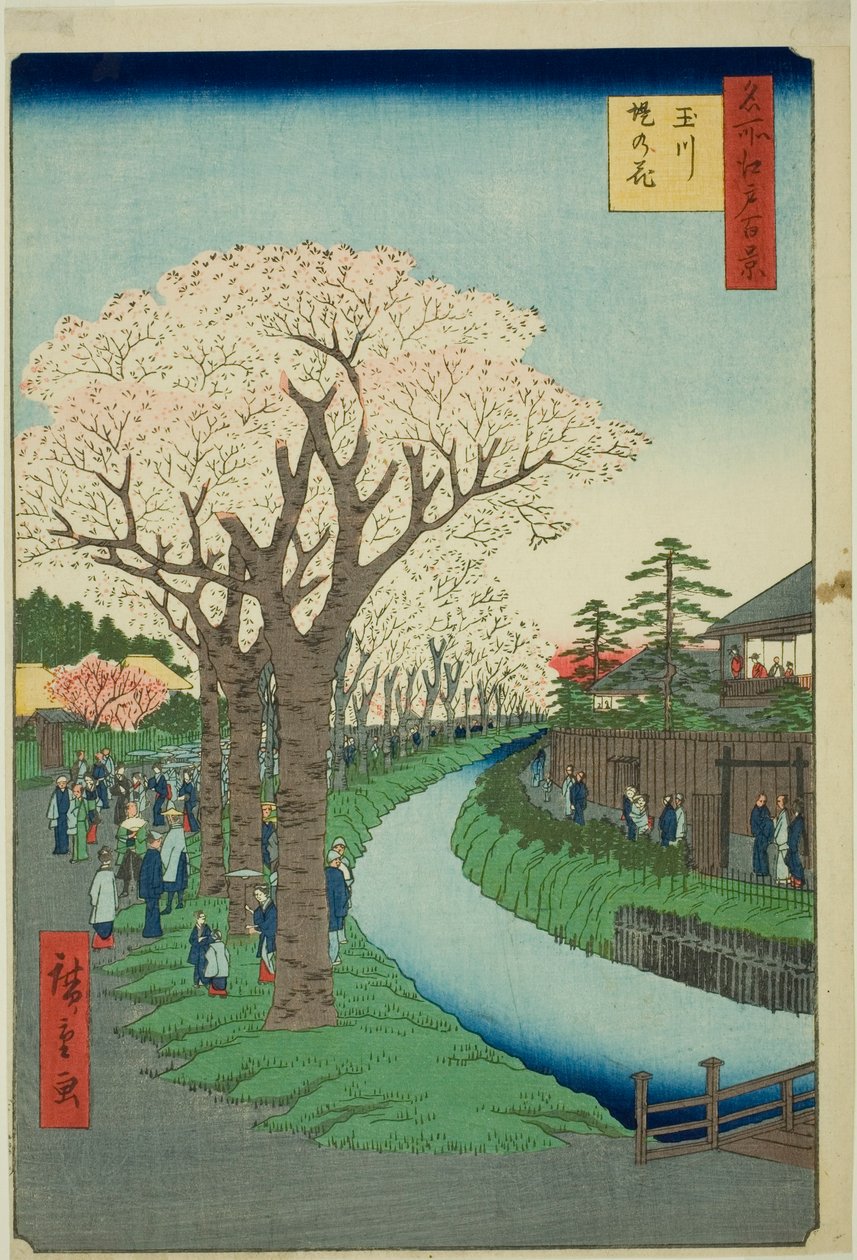 Bosso MS sound te tamari ver verze obrázku k straně t (Tama River - Tsutsumi no Hana), ze série "Ridge d re d f s View ws f Edo (Sto slavných pohledů na Edo)" od Utagawa Hiroshige