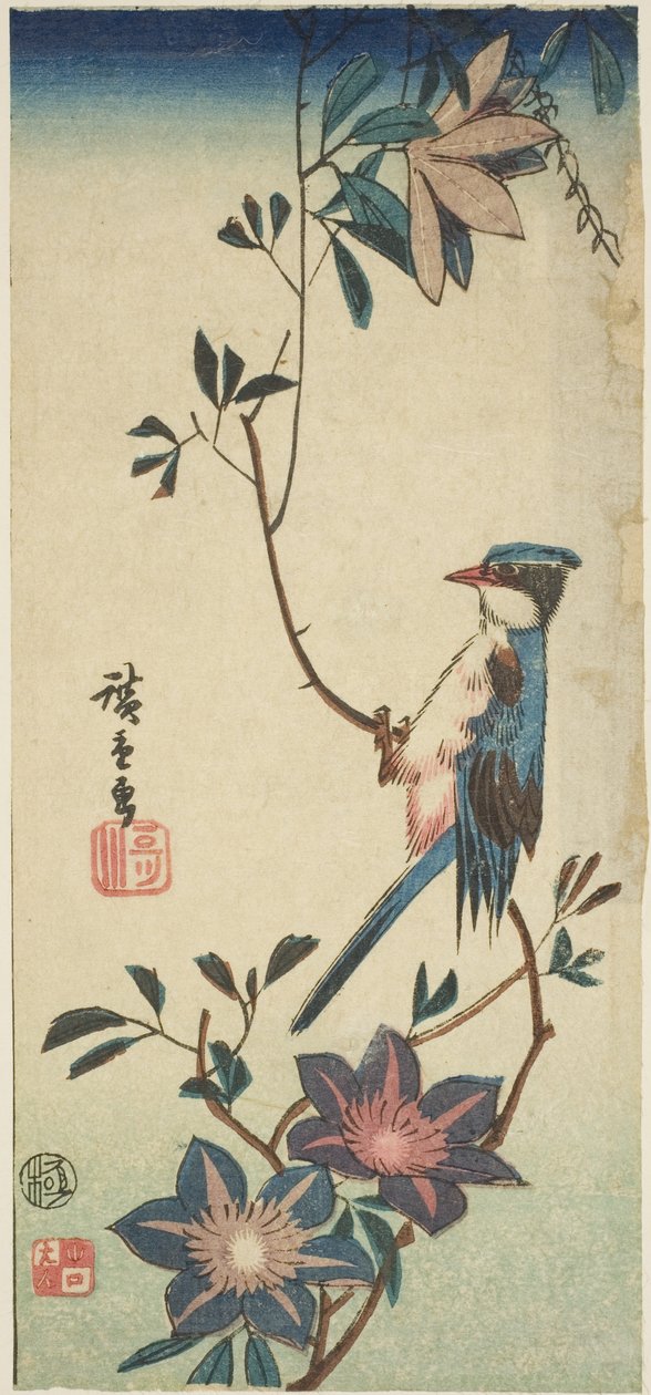 Modrý pták na plaménku od Utagawa Hiroshige