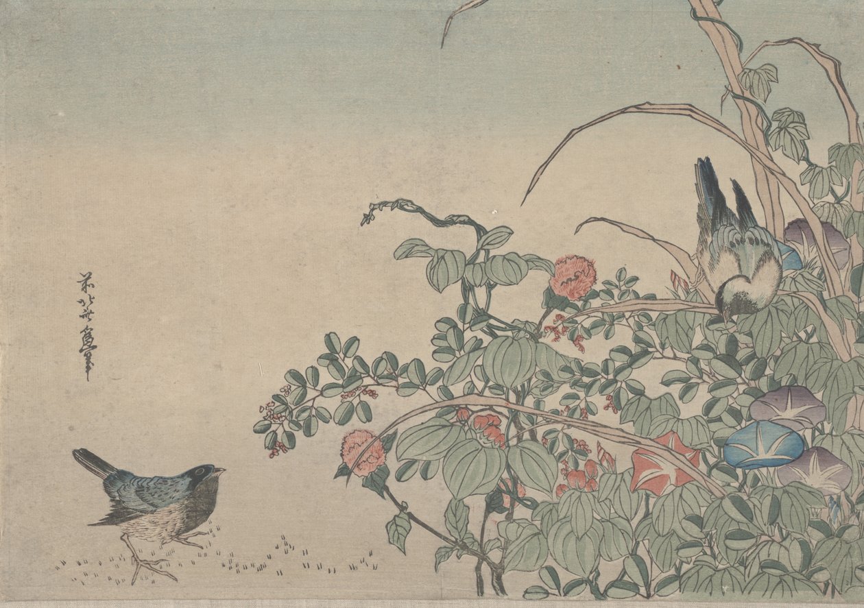 Modří ptáci s jitřenkami a lespedézou, asi 1833 od Utagawa Hiroshige
