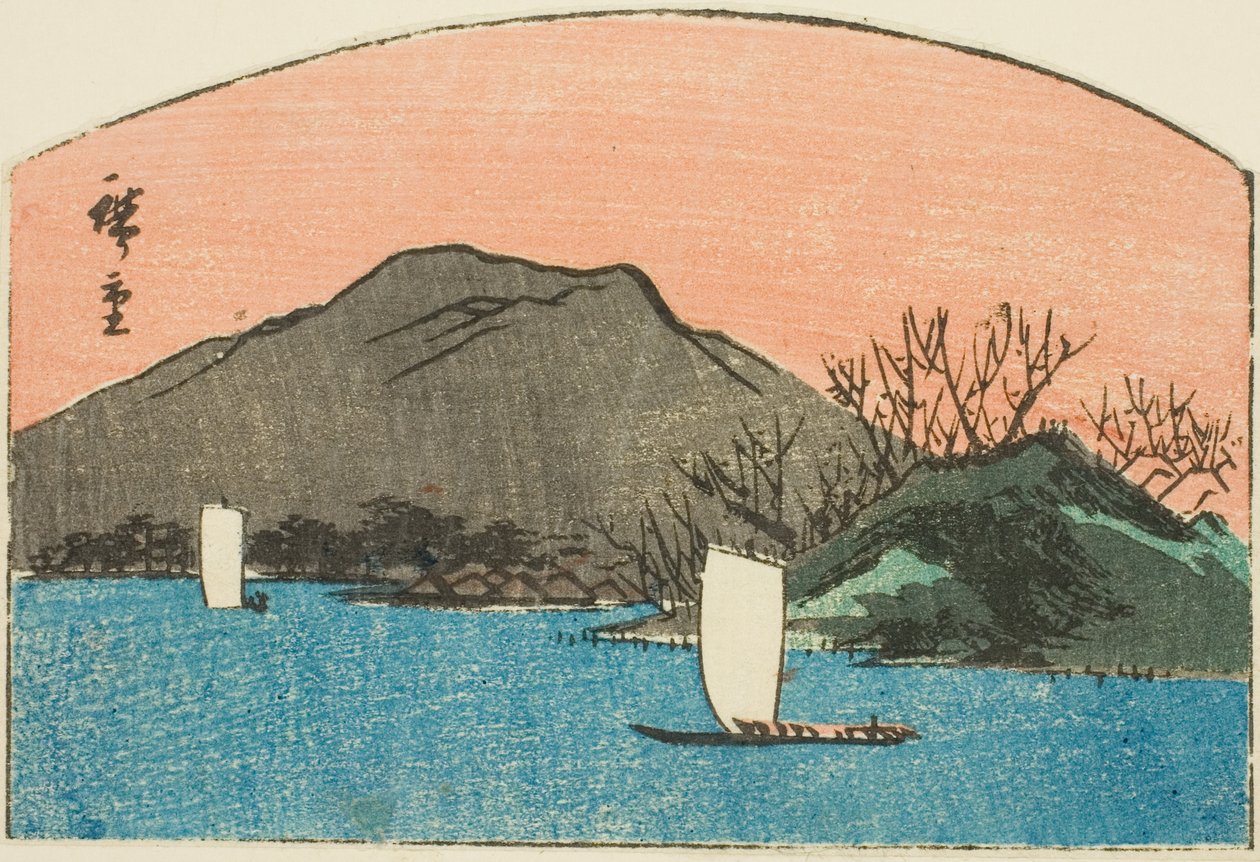 Lodě na jezeře, část tisku harimaze bez názvu od Utagawa Hiroshige
