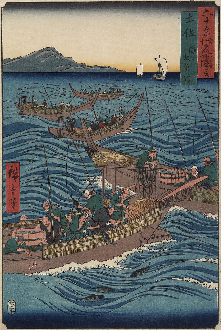 Bonito Fishing on the Ocean, provincie Tosa, září 1855 od Utagawa Hiroshige