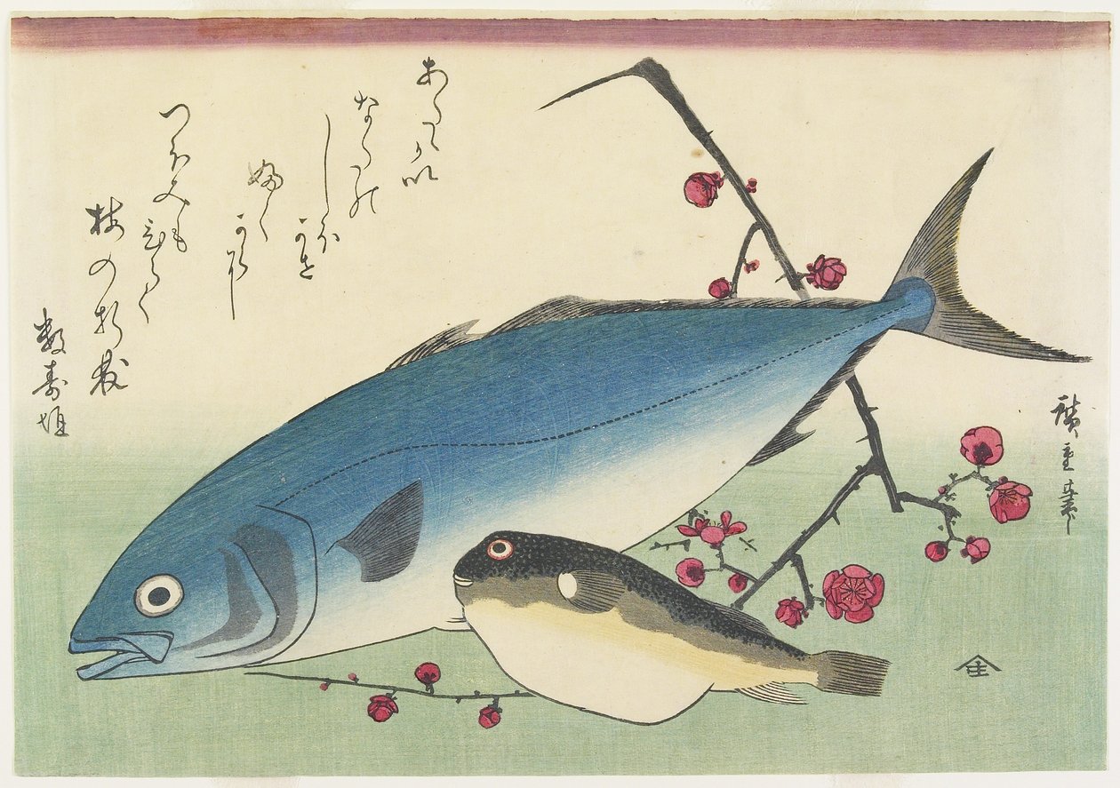 Bonito, Globefish and a Spray of Blossoming Plum, c. 1840 od Utagawa Hiroshige