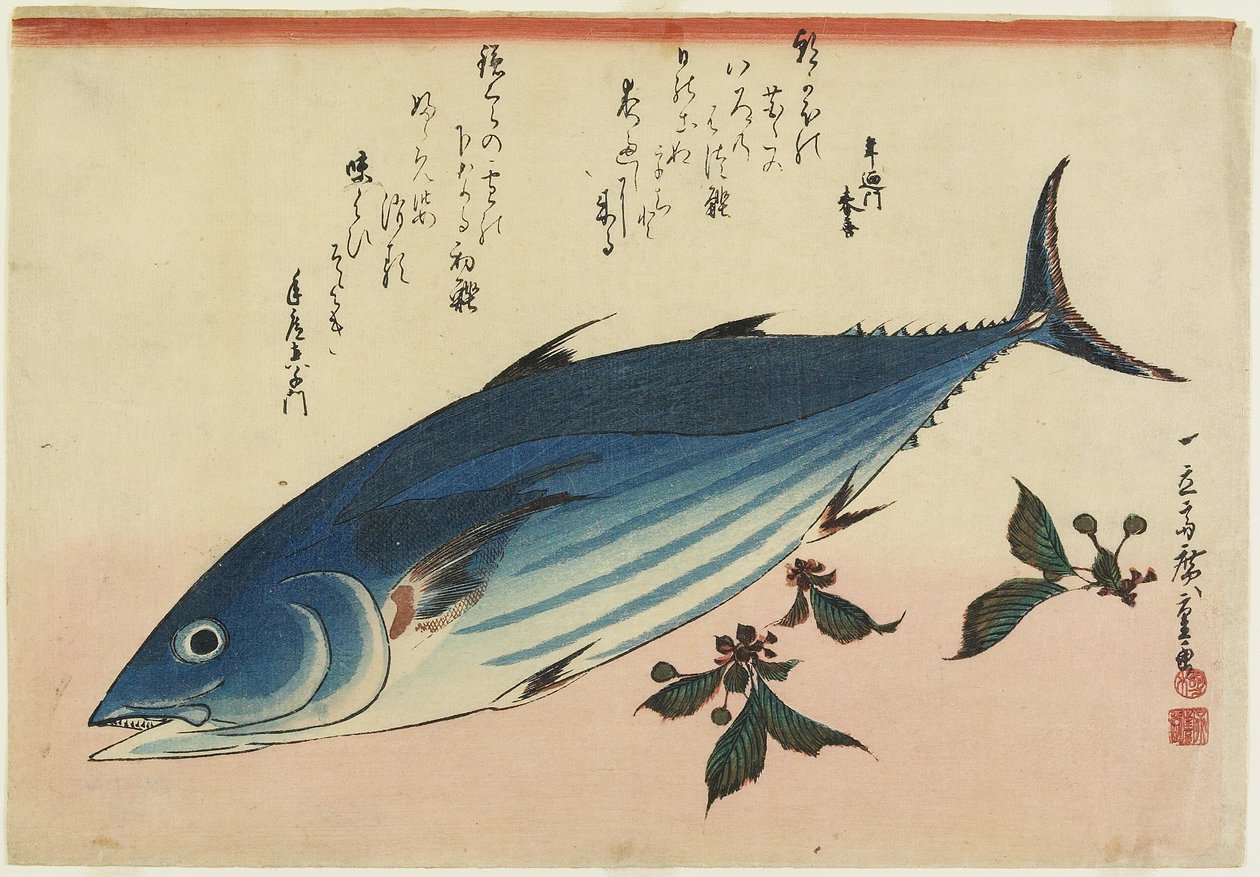 Bonito a třešňové listy, 1832-1833 od Utagawa Hiroshige