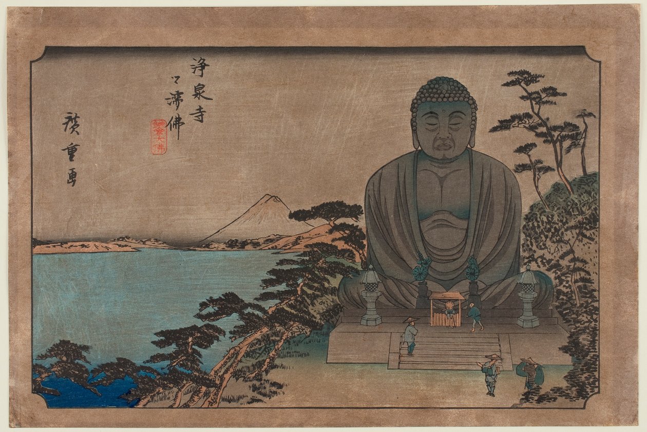 Buddhistická socha pod širým nebem v chrámu Jōsen: Velký Buddha v Kamakuře od Utagawa Hiroshige