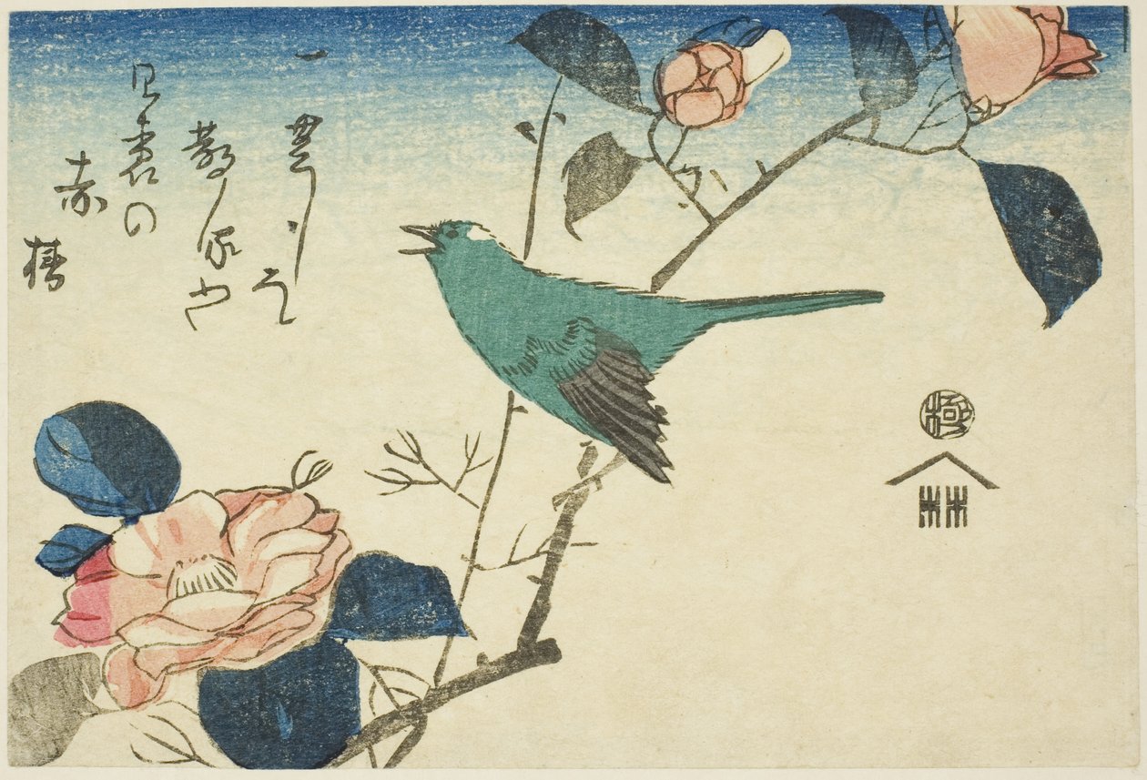 Pěnice keřová a kamélie od Utagawa Hiroshige