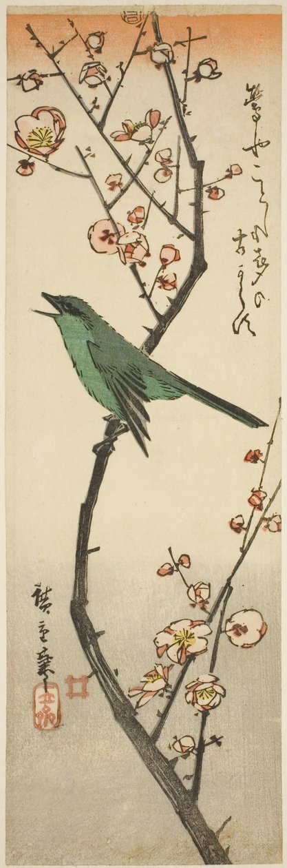 Pěnice keřová a švestka od Utagawa Hiroshige