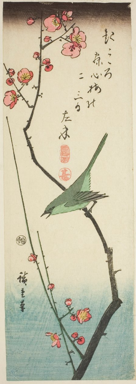 Pěnice na švestkové větvi od Utagawa Hiroshige