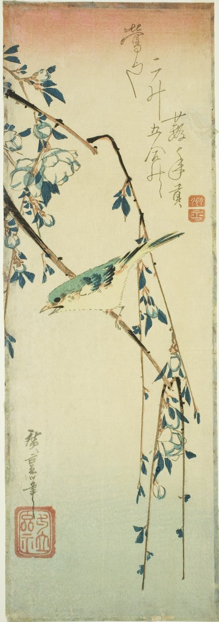 Pěnice na švestkové větvi od Utagawa Hiroshige