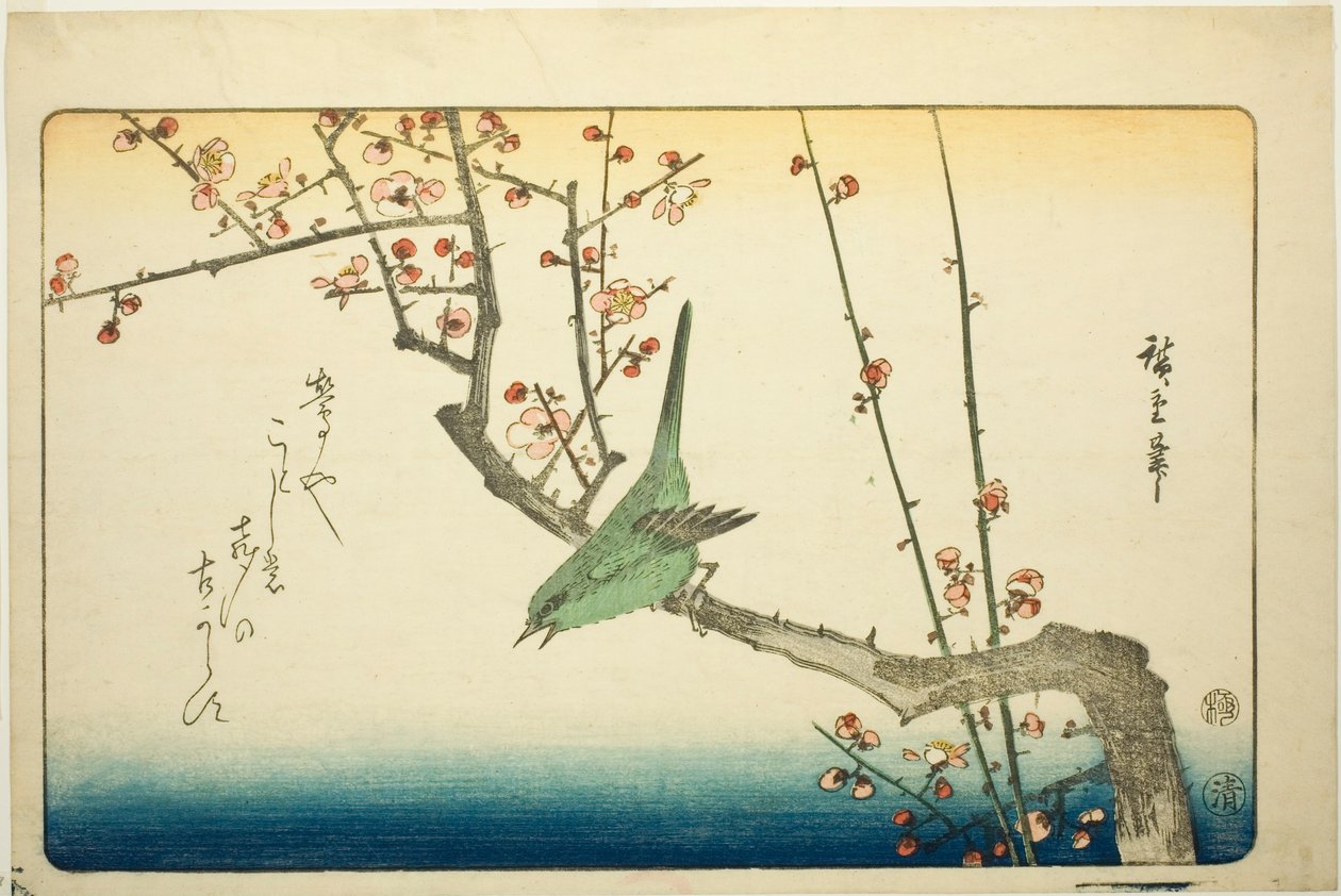 Pěnice na švestkové větvi od Utagawa Hiroshige
