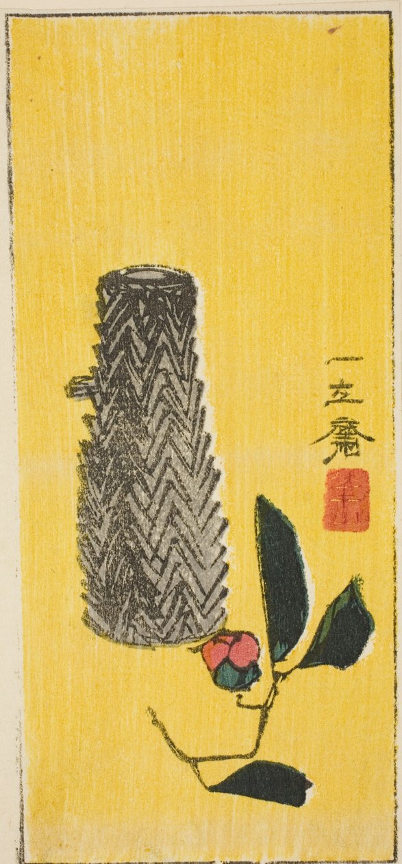 Kamélie a košík, část listu harimaze bez názvu od Utagawa Hiroshige
