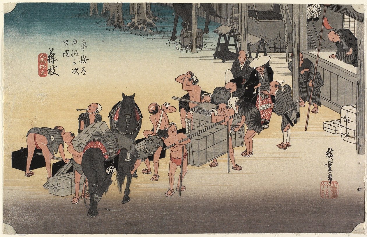Výměna nosičů a koní, Fujieda, c. 1833 od Utagawa Hiroshige