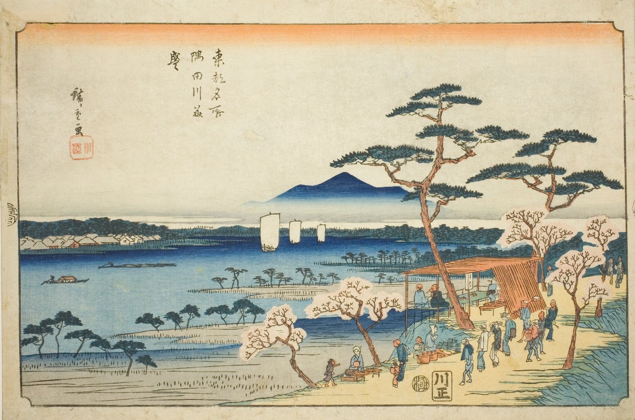 Třešňové květy v plném květu podél řeky Sumida (Sumidagawa hanazakari), ze série "Slavná místa ve východním hlavním městě (Toto meisho)" od Utagawa Hiroshige