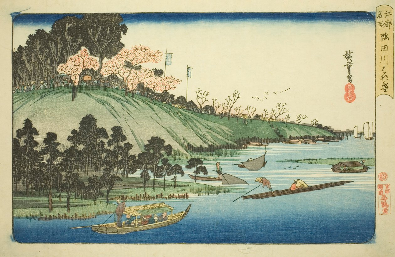 Třešňové květy v plném květu podél řeky Sumida (Sumidagawa hanazakari), ze série "Slavná místa v Edo (Koto meisho)" od Utagawa Hiroshige