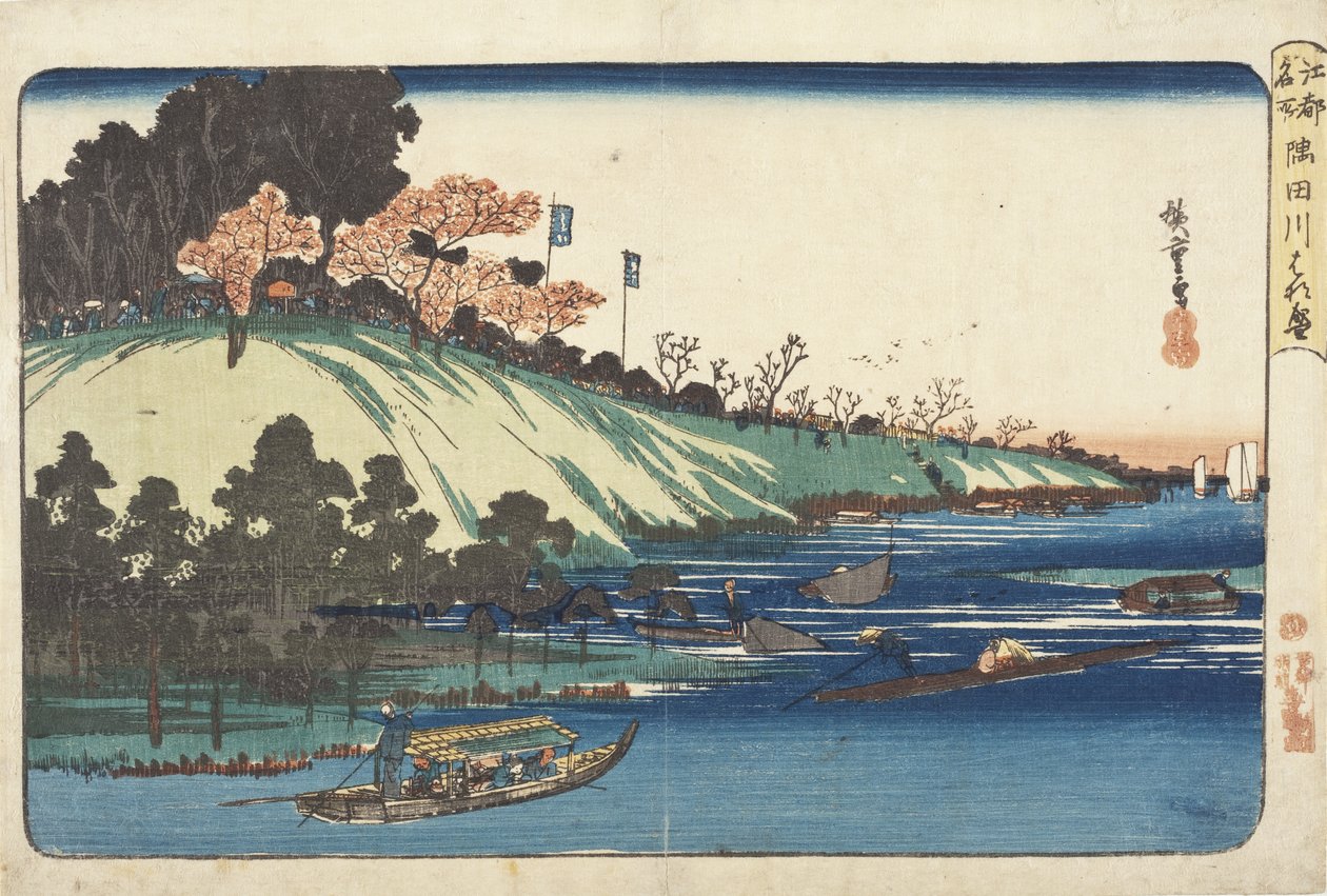 Třešňové květy v plném květu podél řeky Sumidy od Utagawa Hiroshige