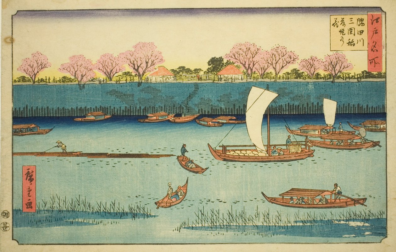 Třešňové stromy podél nábřeží řeky Sumida u svatyně Mimeguri Inari (Sumidagawa Mimeguri Inari tsutsumi no hana), ze série „Slavná místa v Edo (Edo meisho)“ od Utagawa Hiroshige
