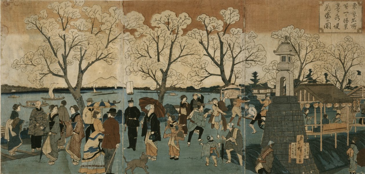 Chery b ぉ sso člen MS Full b ぉ m Aong g Sumida River. Ilustrace Makimizu balení kvetoucí od Utagawa Hiroshige
