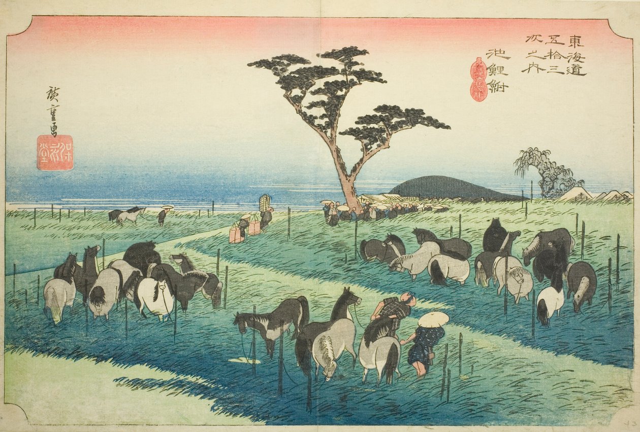 Chiryu: Raný letní koňský trh (Chiryu, shuka uma ichi), ze série "Padesát tři stanic Tokaida (Tokaido gojusan tsugi no uchi)", také známý jako Hoeido Tokaido od Utagawa Hiroshige