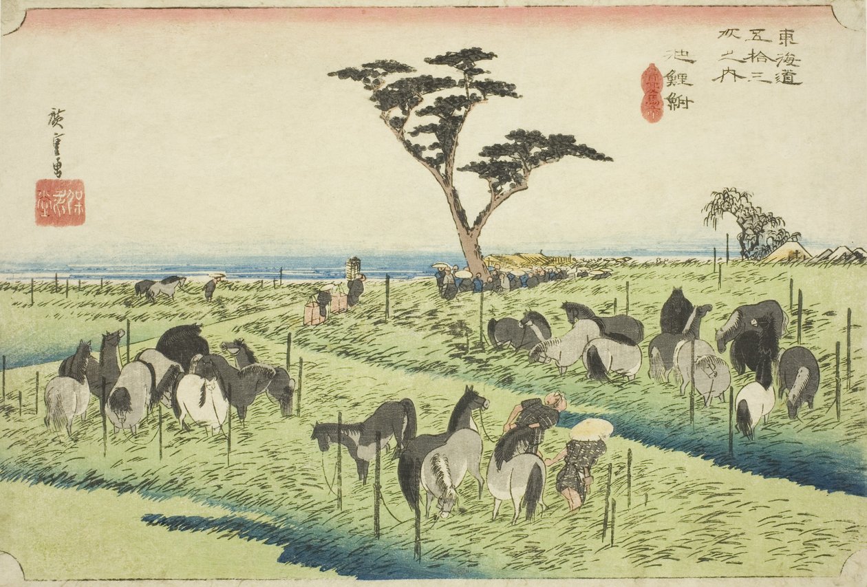 Chiryu: Raný letní koňský trh (Chiryu, shuka uma ichi), ze série "Padesát tři stanic Tokaida (Tokaido gojusan tsugi no uchi)", také známý jako Hoeido Tokaido od Utagawa Hiroshige