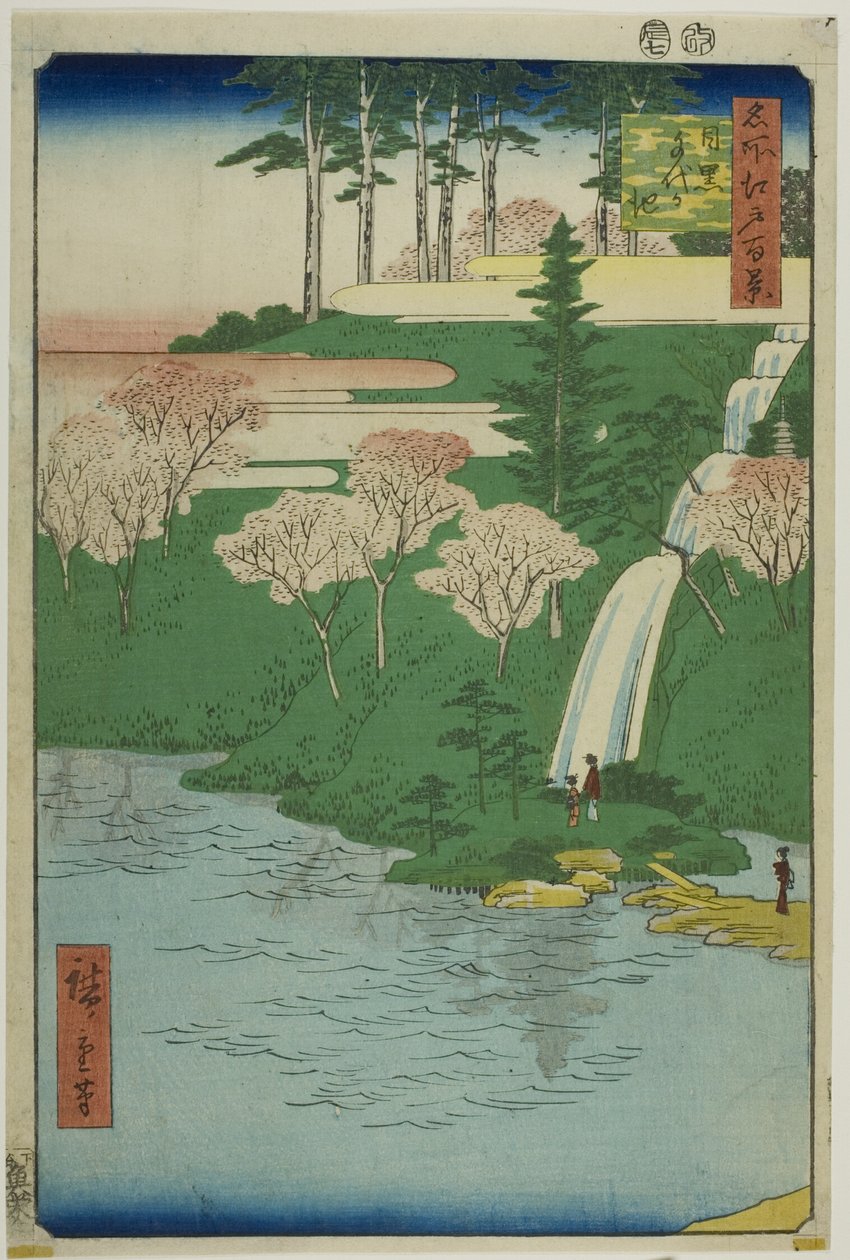 Rybník Chiyogaike, Meguro (Meguro Chiyogaike), ze série "Sto slavných pohledů na Edo (Meisho Edo hyakkei)" od Utagawa Hiroshige