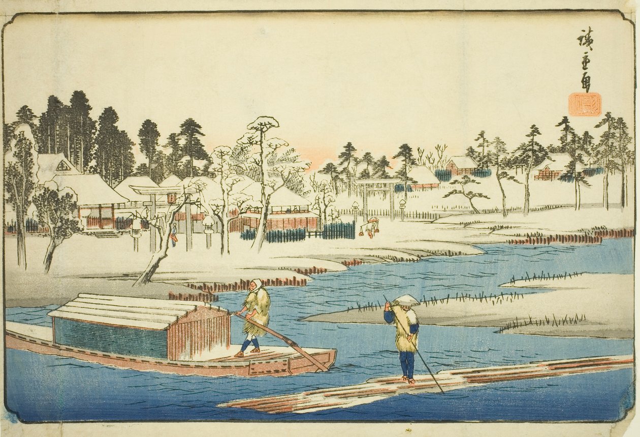 Jasné počasí po sněhu v Massaki (Massaki yukibare no zu), ze série "Slavná místa ve východním hlavním městě (Toto meisho)" od Utagawa Hiroshige