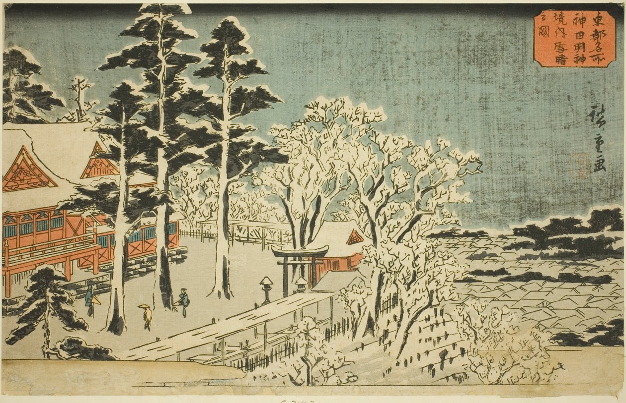 Jasné počasí po sněžení v okrscích svatyně Kanda Myojin (Kanda Myojin keidai yukibare no zu), ze série „Slavná místa ve východním hlavním městě (Toto meisho)“ od Utagawa Hiroshige