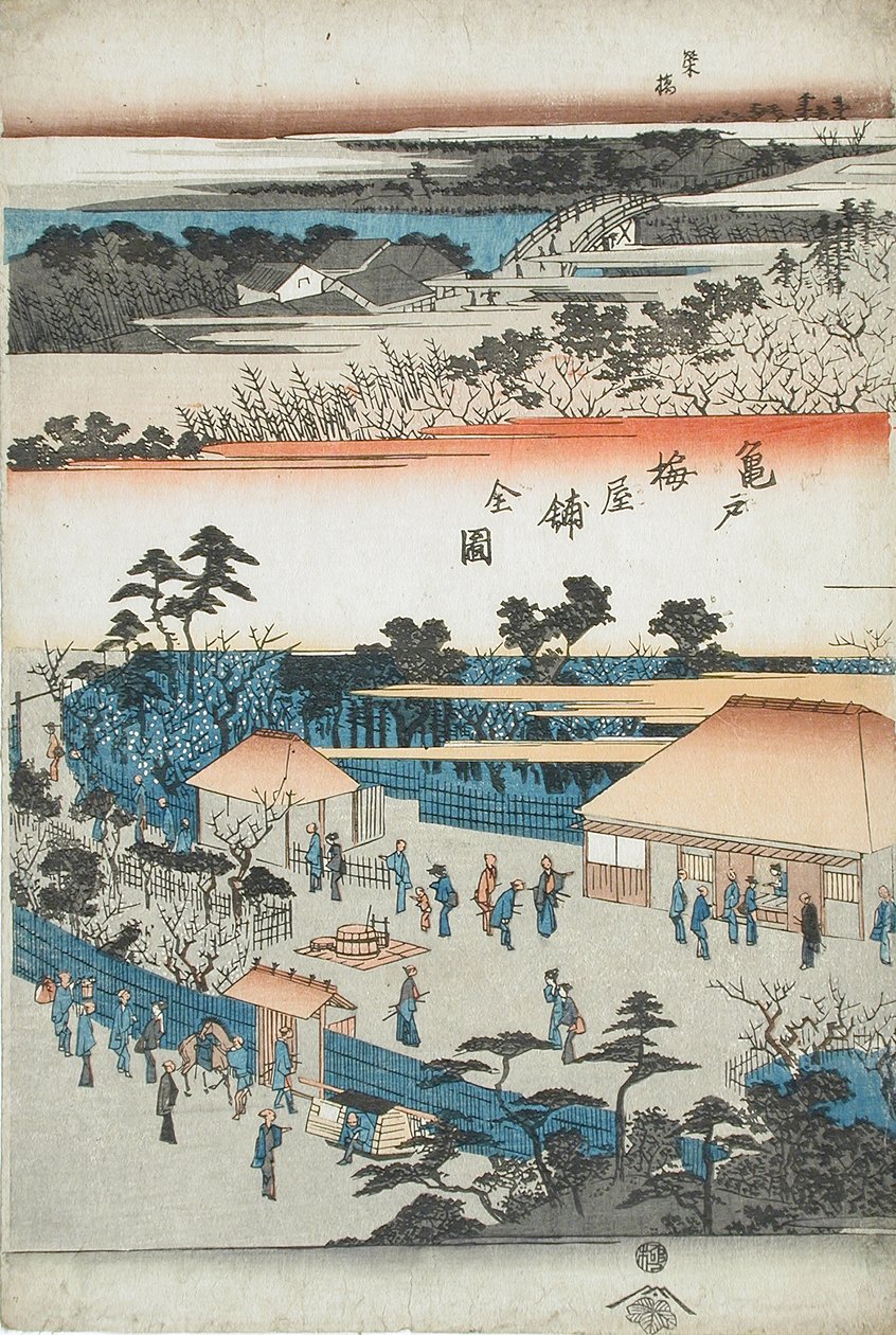 Úplný pohled na švestkový sad v Kameidu od Utagawa Hiroshige