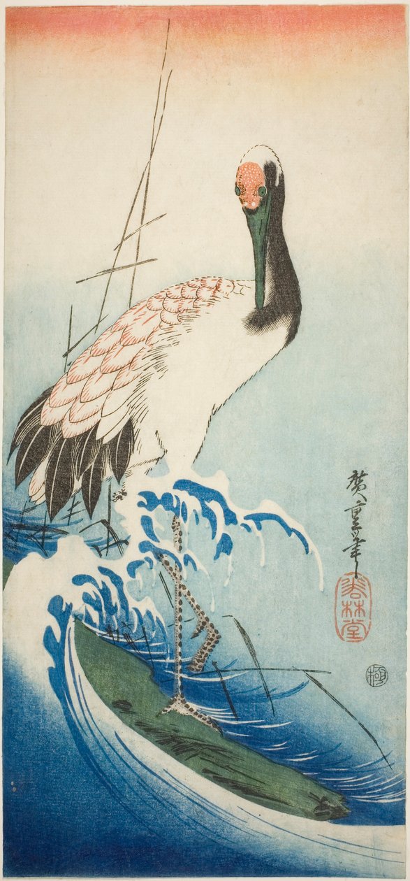 Jeřáb a vlny od Utagawa Hiroshige