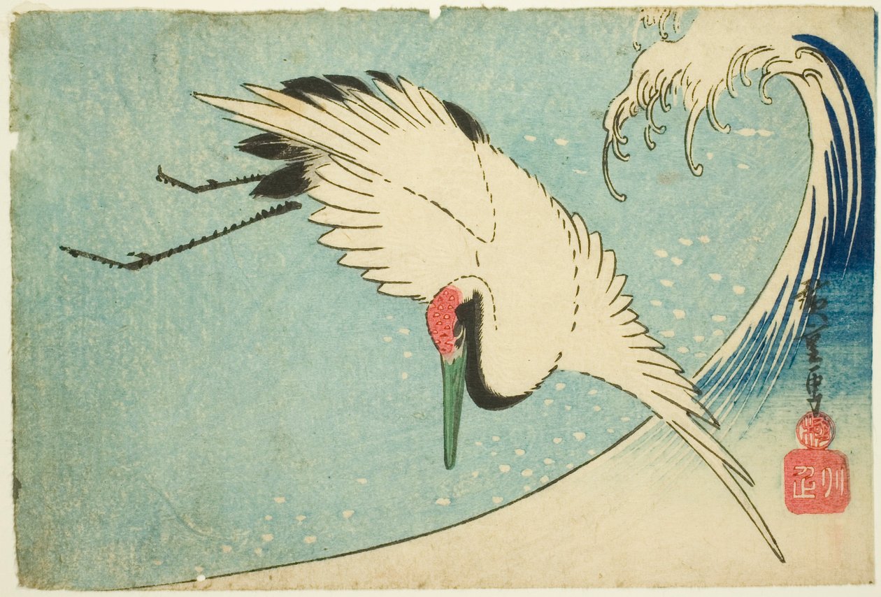 Jeřáb letící nad vlnou od Utagawa Hiroshige