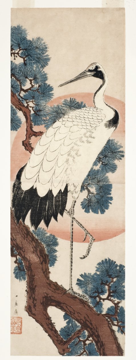 Jeřáb v borovici při východu slunce, 1850-55 (dřevěný blok) od Utagawa Hiroshige