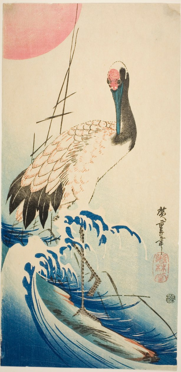 Jeřáb, vlny a vycházející slunce od Utagawa Hiroshige