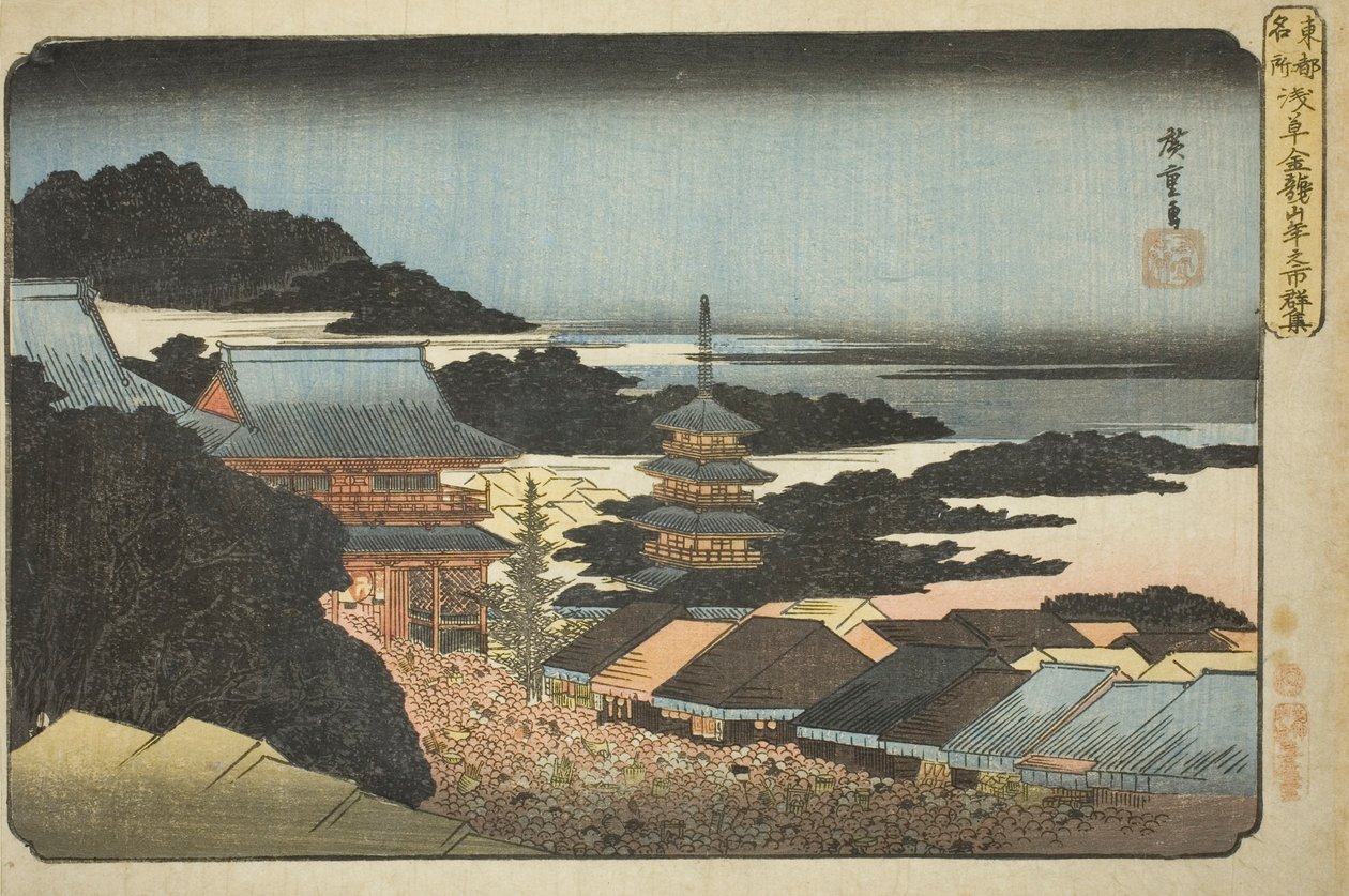 Davy na konci roku v chrámu Kinryuzan v Asakusa (Asakusa Kinryuzan toshi no ichi gunshu), ze série "Slavná místa ve východním hlavním městě (Toto meisho)" od Utagawa Hiroshige