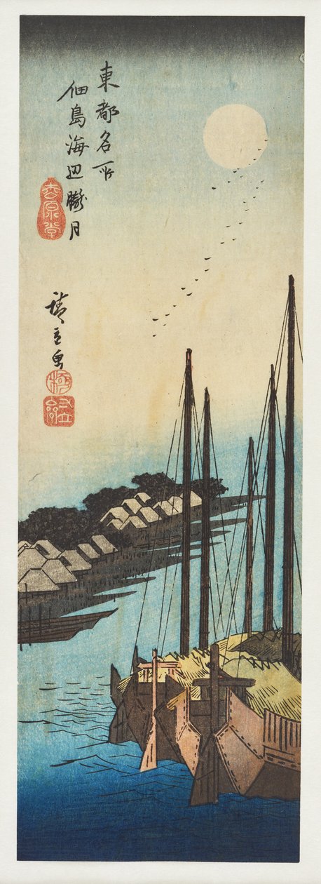 Měsíc v mlze nad mořem u Tsukudy ze série „Slavné pohledy na východní hlavní město“ od Utagawa Hiroshige