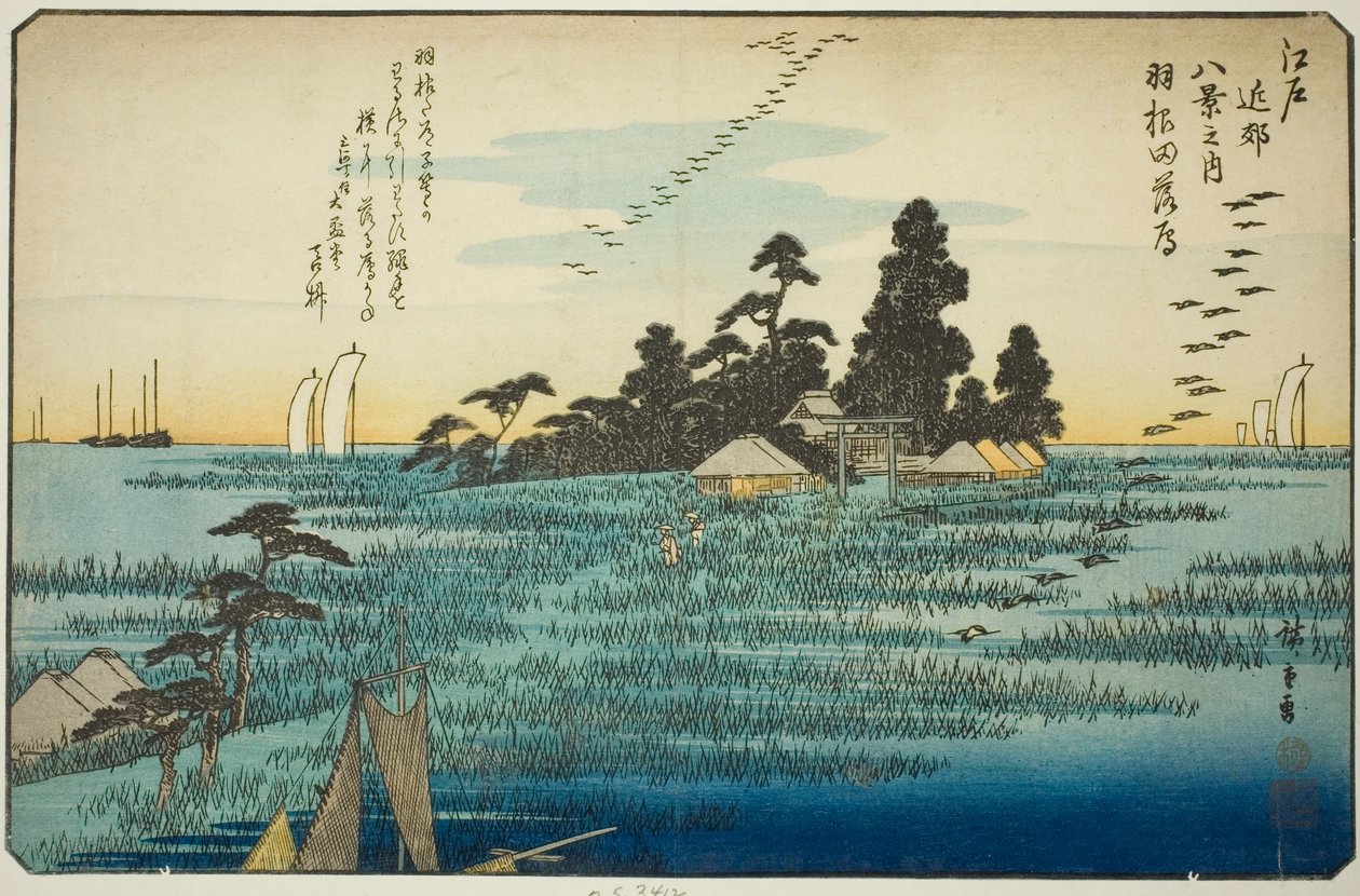 Sestupné husy u Hanedy (Haneda no rakugan), ze série „Osm pohledů v okolí Eda (Edo kinko hakkei no uchi)“ od Utagawa Hiroshige