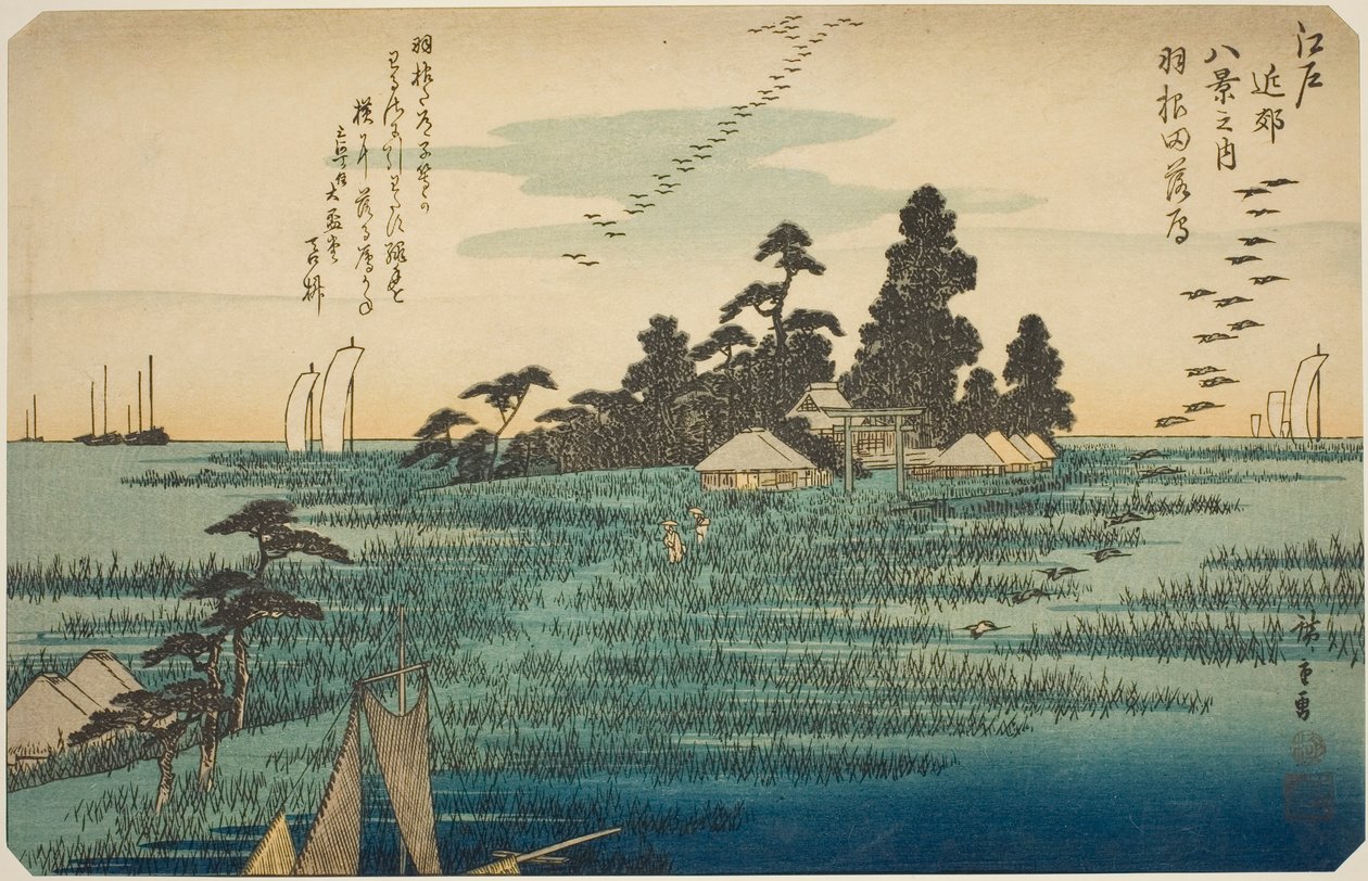 Sestupné husy u Hanedy (Haneda no rakugan), ze série „Osm pohledů v okolí Edo (Edo kinko hakkei no uchi)“ od Utagawa Hiroshige