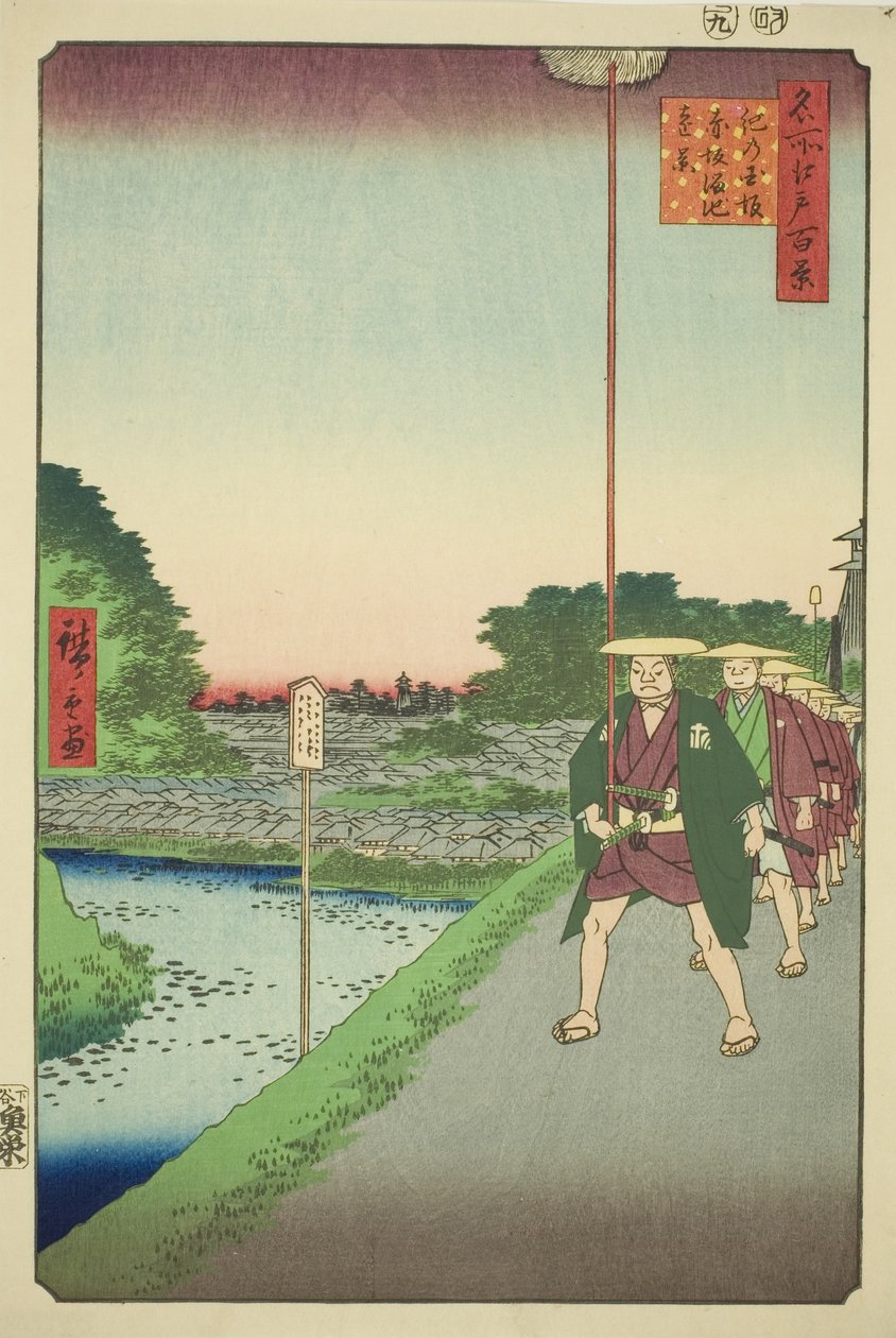 Vzdálený pohled na nádrž Akasaka ze svahu Kinokuni (Kinokunizaka Akasaka Tameike enkei), ze série „Sto slavných pohledů na Edo (Meisho Edo hyakkei)“ od Utagawa Hiroshige
