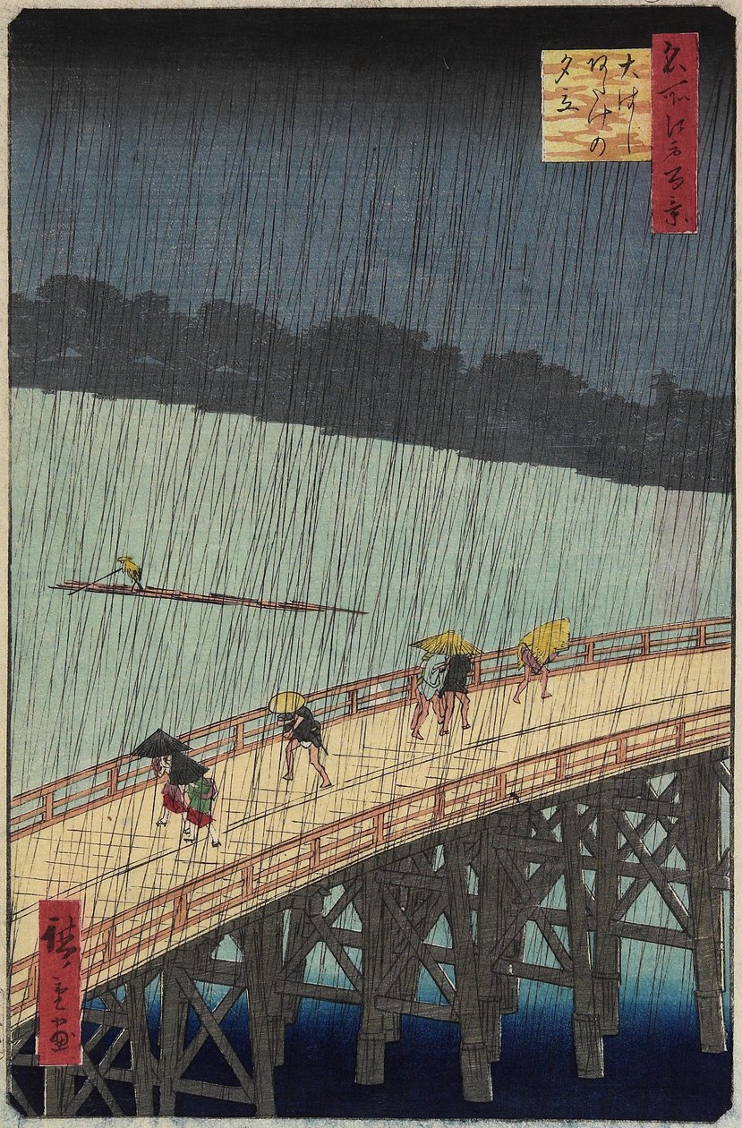Vzdálený pohled na Atake ve večerní přeháňce přes most O_hashi, červenec 1857 od Utagawa Hiroshige