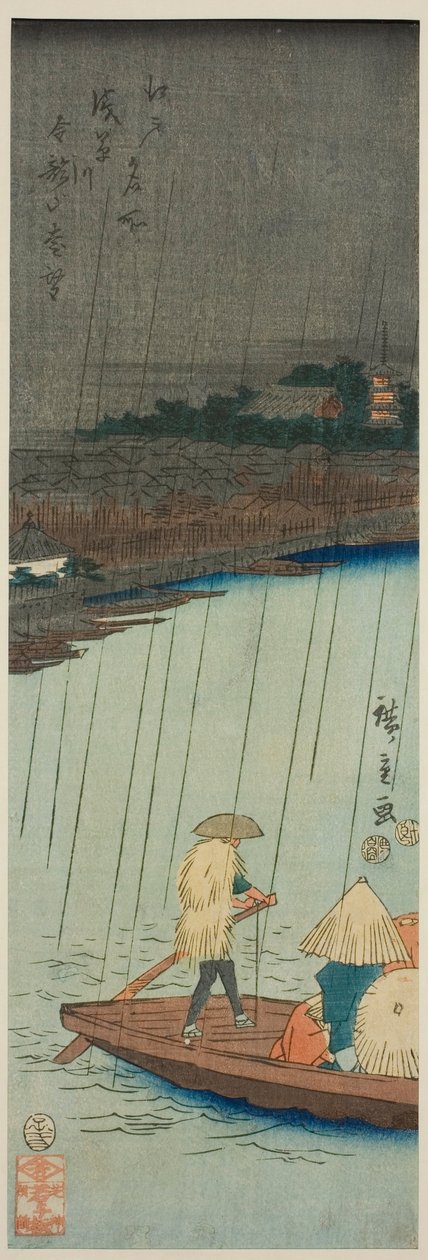 Vzdálený pohled na chrám Kinryuzan od řeky Asakusa, ze série "Slavná místa v Edo (Edo meisho)" od Utagawa Hiroshige