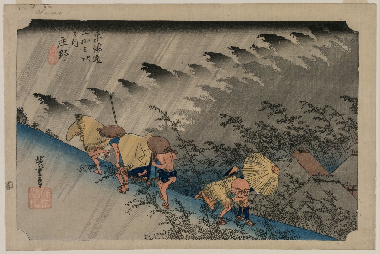Driving Rain at Shono (stanice 46) ze série Padesát tři stanic Tokaida od Utagawa Hiroshige