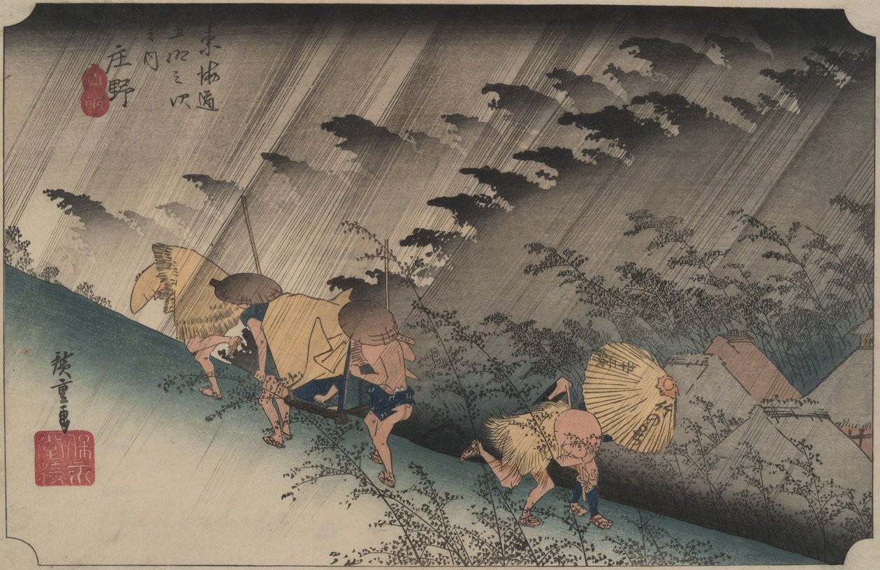 Prudký déšť v Šónu, ze série Padesát tři stanic Tókaidó od Utagawa Hiroshige