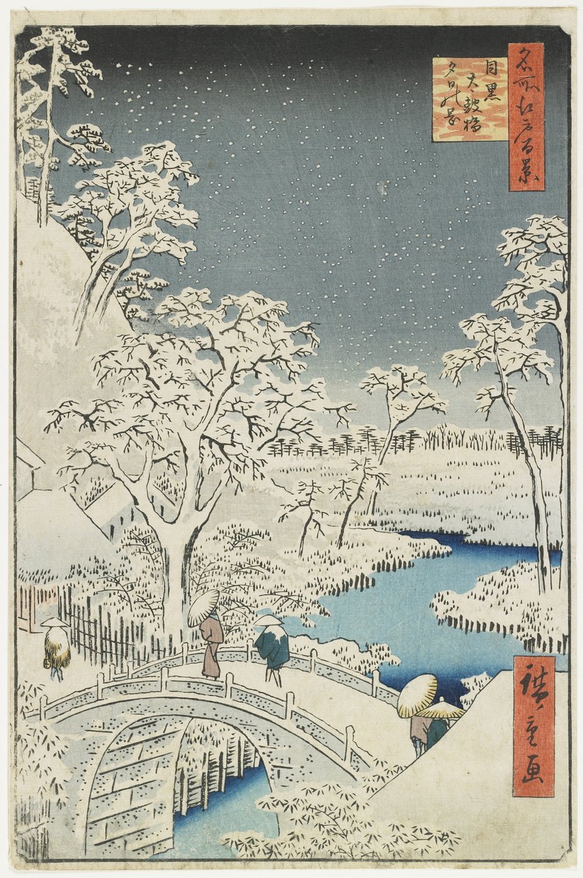 Drum Bridge a Sunset Hill v Meguro, duben 1856 od Utagawa Hiroshige