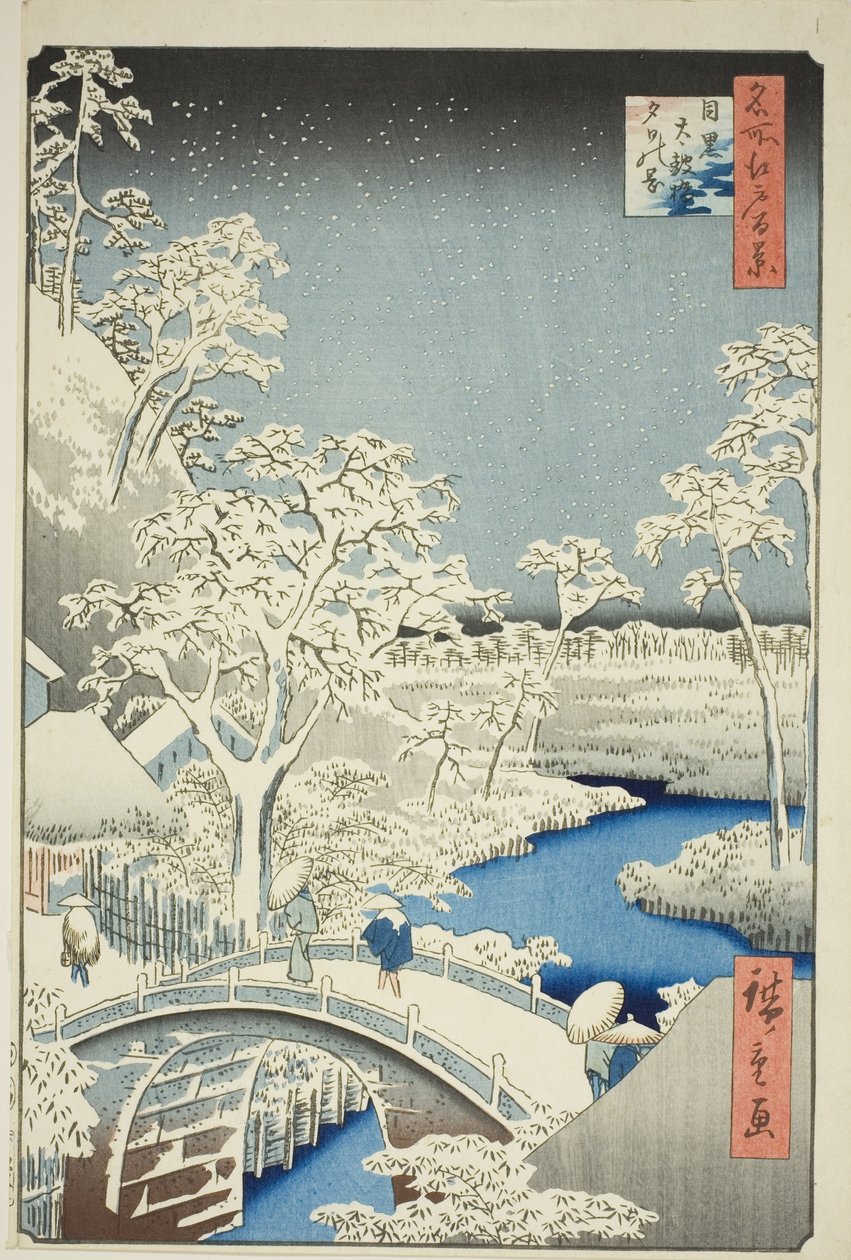 Meguro (Meguro Taiko Bridge, Yuino Hill), ze série hřebene, z Edo (Sto slavných pohledů na Edo) “ od Utagawa Hiroshige