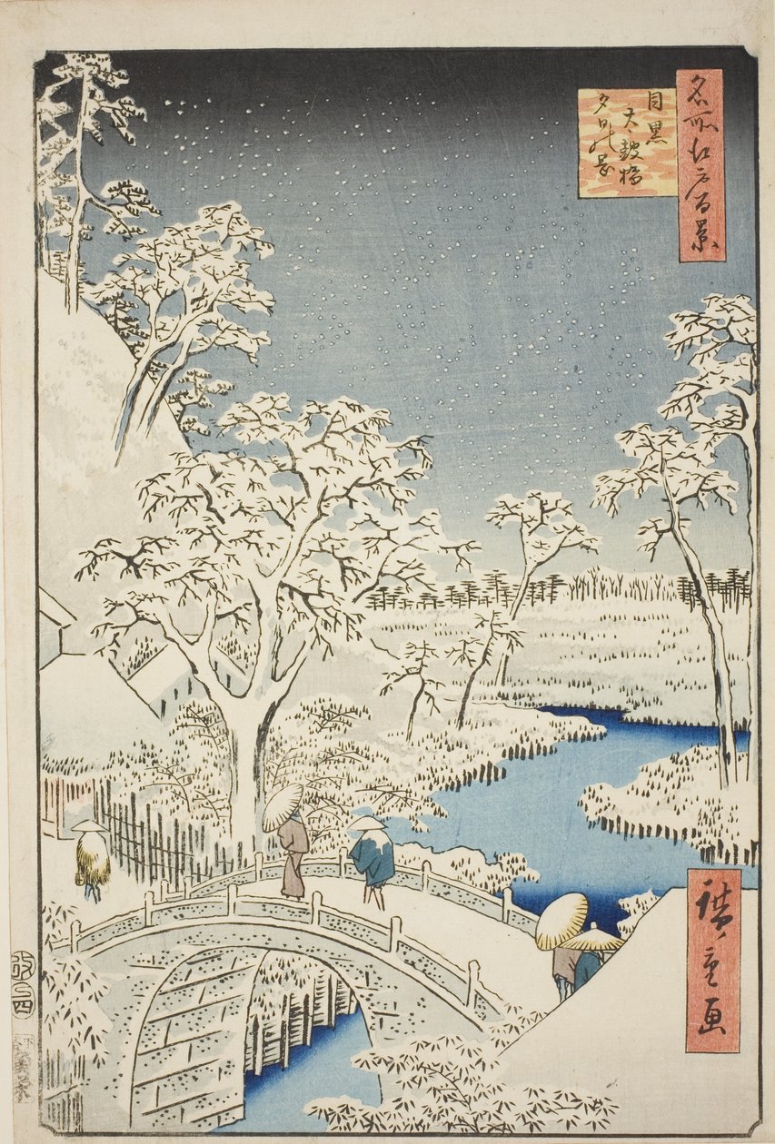 Meguro (Meguro Taiko Bridge, Yuino Hill), ze série hřebene, z Edo (Sto slavných pohledů na Edo) “ od Utagawa Hiroshige